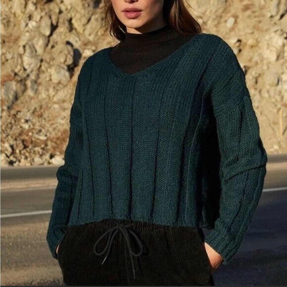 Pacsun Cozy Ribbed V-Neck Olive Green Cotton Sweater